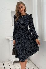 Load image into Gallery viewer, Polka Dot Ruffled Shoulder Midi Dress
