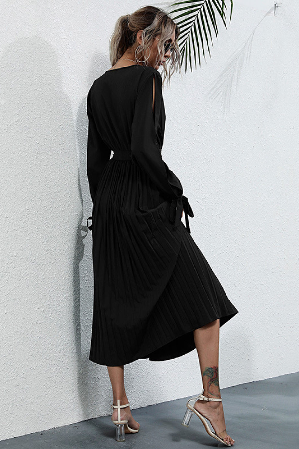 Split Sleeve Belt Pleated Dress