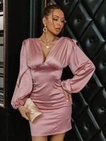 Load image into Gallery viewer, Deep V Bubble Sleeve Satin Mini Dress
