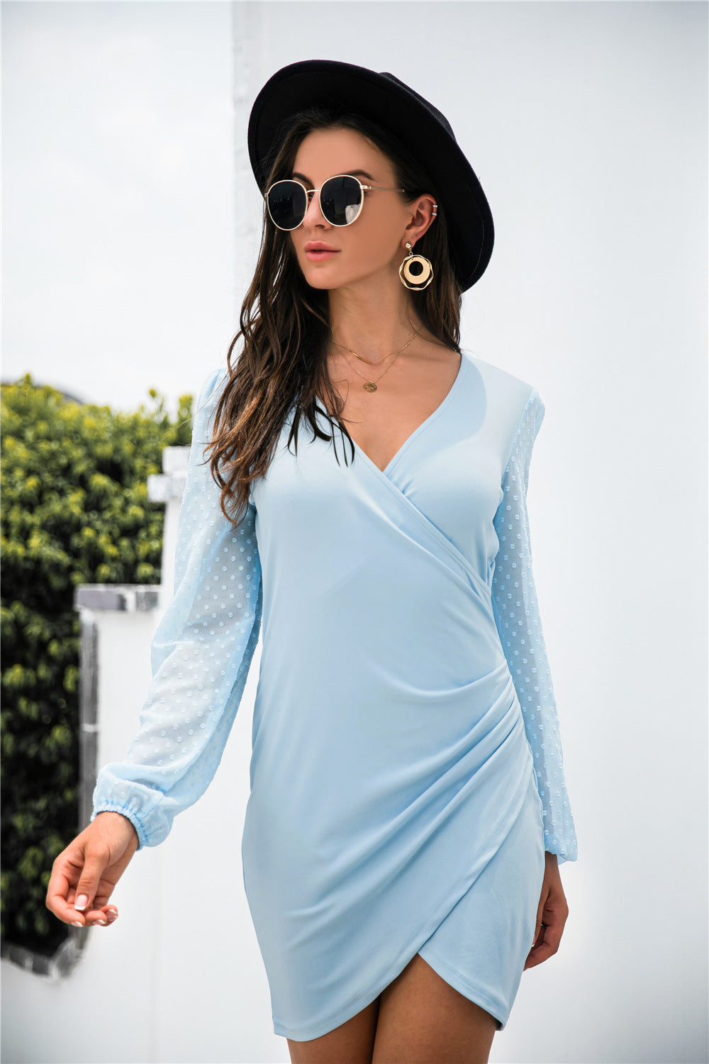 Contrast Mesh Sleeve Wrap Front Dress