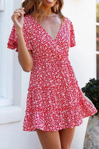 Floral V-Neck Layered Ruffled Dress