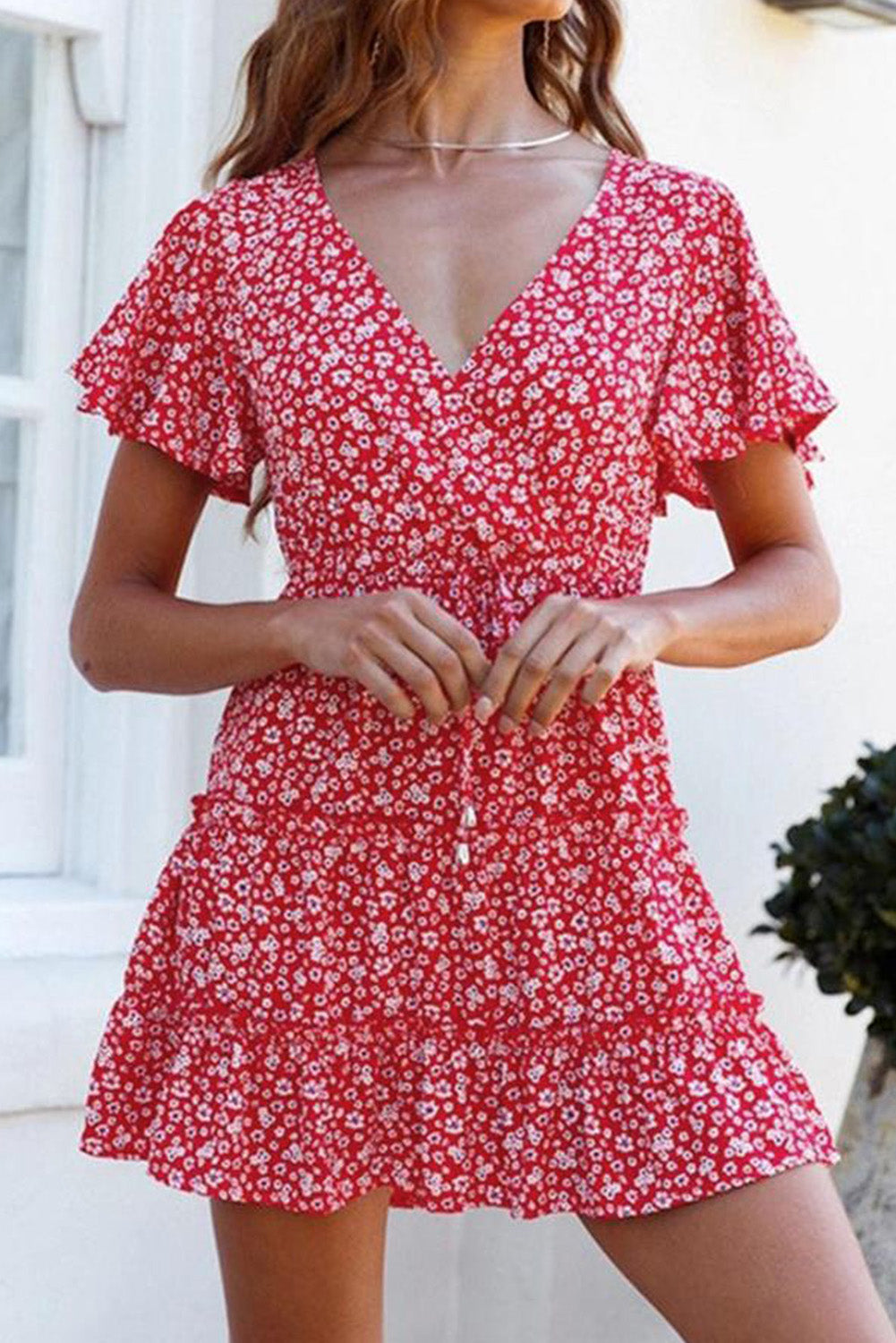 Floral V-Neck Layered Ruffled Dress