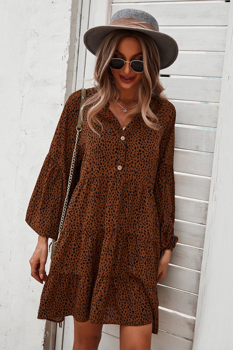 Leopard Print V Neck Tiered Pleated Dress