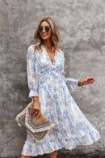 Load image into Gallery viewer, Ditsy Floral Deep V Ruffle Hem Dress
