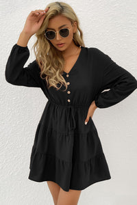 Decorative Button Tie Front Tiered Mini Dress