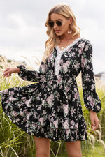 Load image into Gallery viewer, Floral Lace Trim Ruffle Hem Dress
