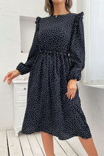 Load image into Gallery viewer, Polka Dot Ruffled Shoulder Midi Dress
