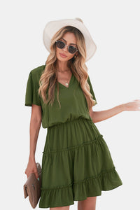 Tie Neck Ruffle Hem Tiered Dress