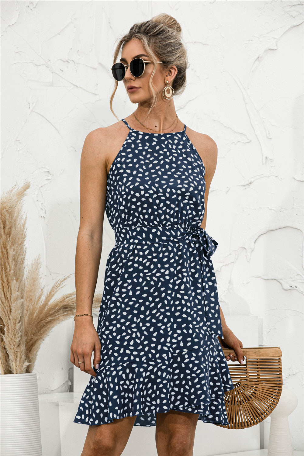 Polka Dot Halter Ruffle Hem Dress