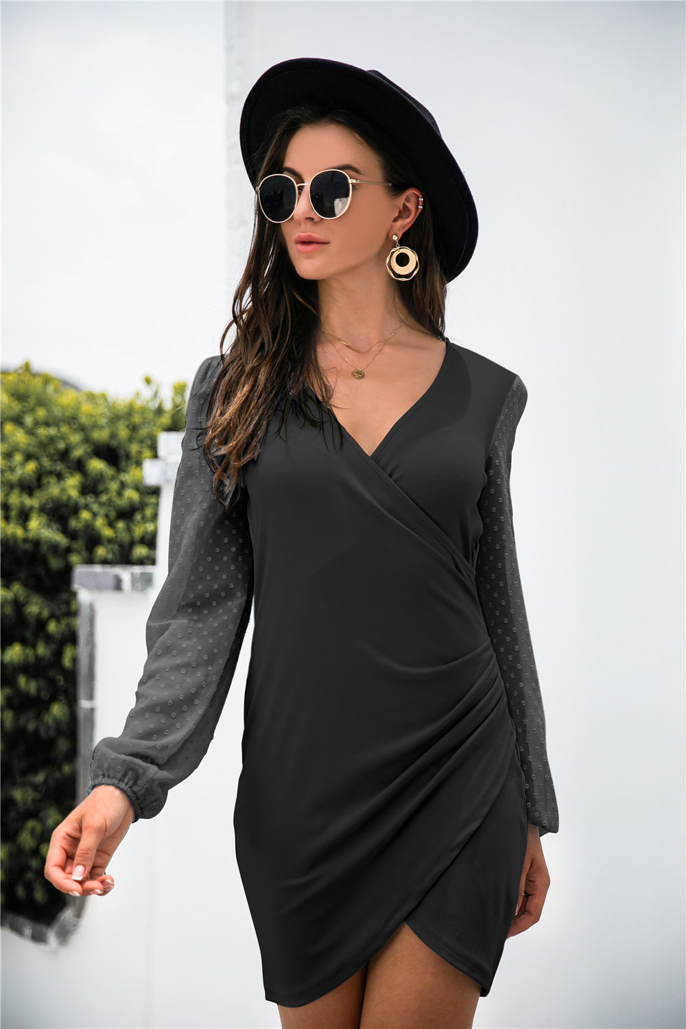 Contrast Mesh Sleeve Wrap Front Dress