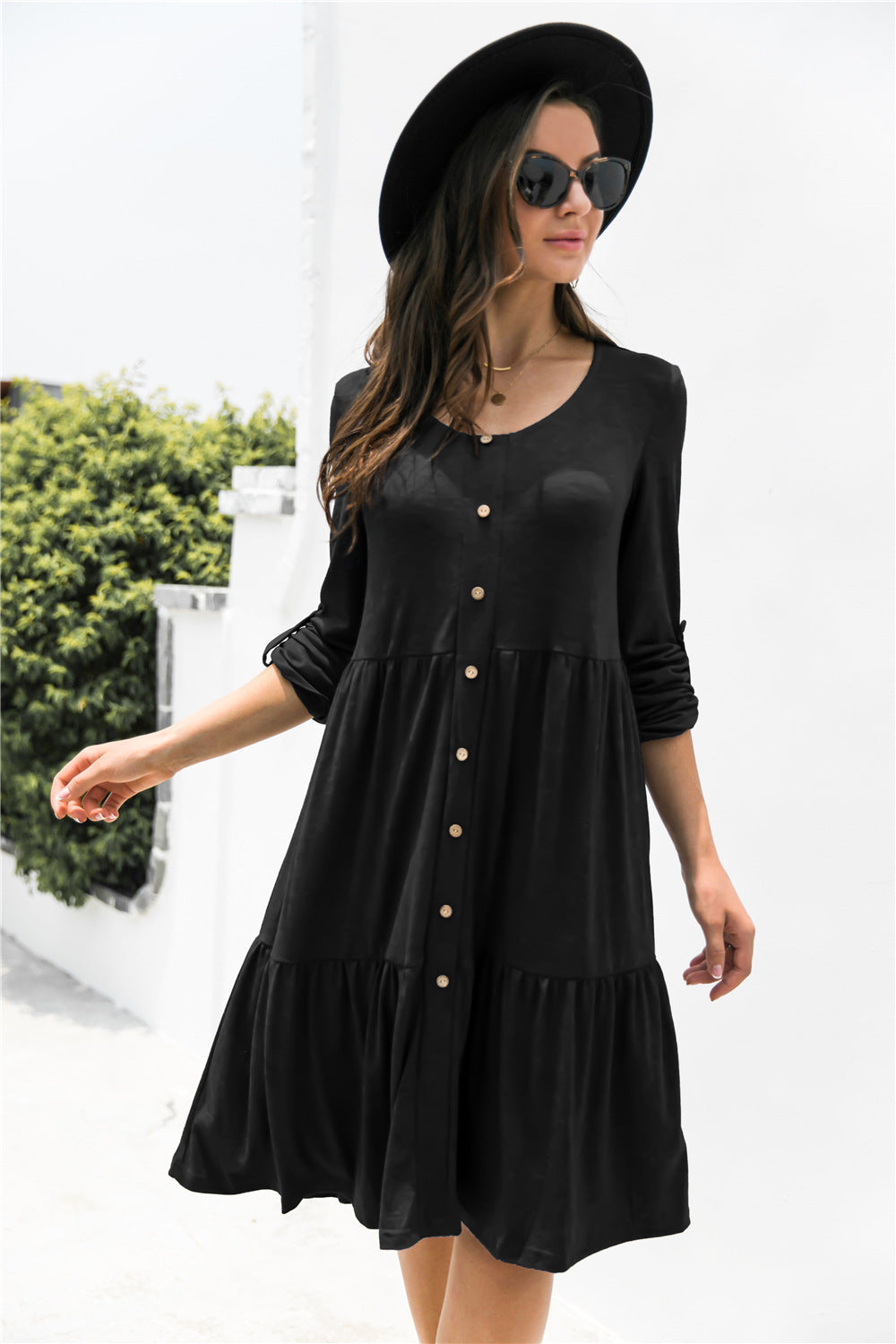 Button Down Rolled Sleeve Ruffle Dress