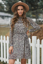 Load image into Gallery viewer, Leopard Ruffled Zipper Lantern Sleeve Dress
