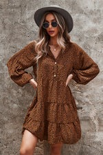 Load image into Gallery viewer, Leopard Print V Neck Tiered Pleated Dress
