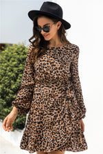 Load image into Gallery viewer, Leopard Wrap Ruffle Hem Dress
