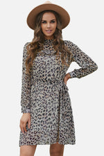 Load image into Gallery viewer, Leopard Ruffled Zipper Lantern Sleeve Dress
