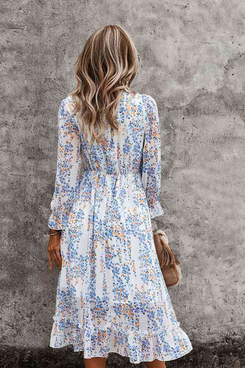 Ditsy Floral Deep V Ruffle Hem Dress