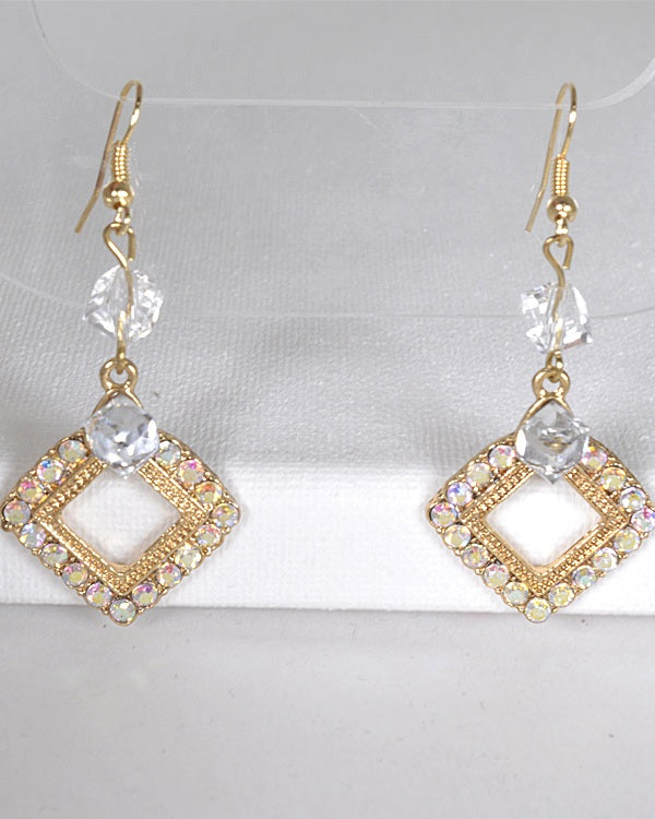 Crystal Studded Rhombus Shaped Earrings with Fishhook