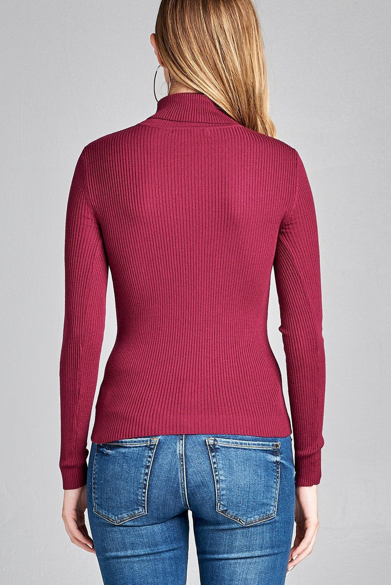 Long Sleeve Turtle Neck Fitted Rib Sweater Top