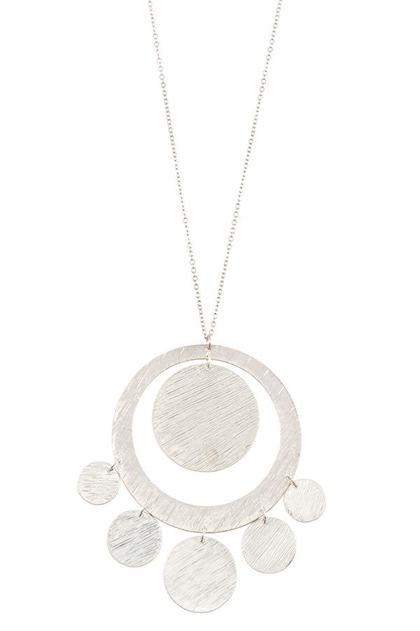 Textured disk link pendant long necklace