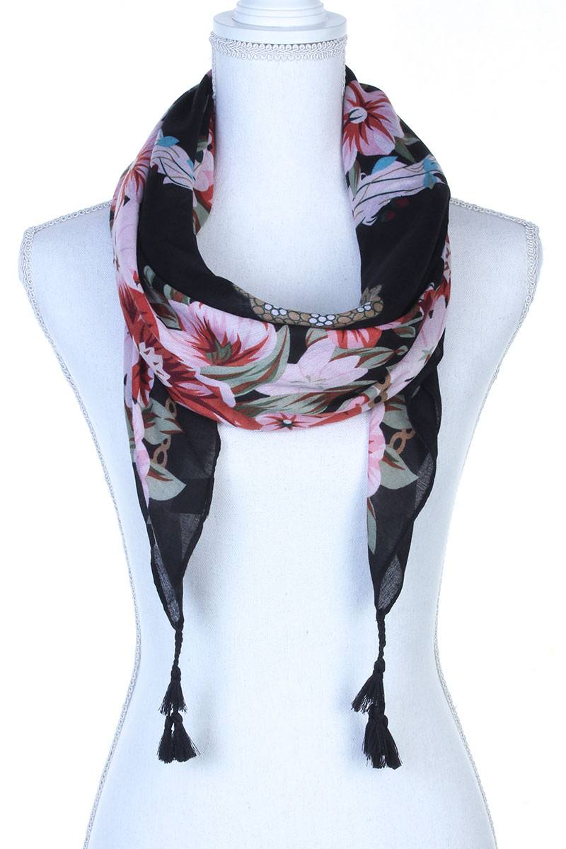 Floral Pattern Tassel Oblong Scarf