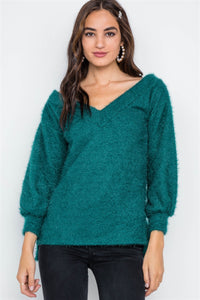 Fuzzy Long Sleeve V-neck Sweater