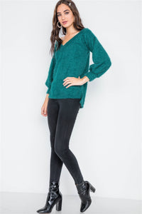 Fuzzy Long Sleeve V-neck Sweater