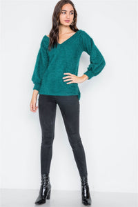 Fuzzy Long Sleeve V-neck Sweater