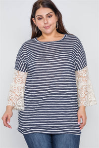 Plus Size Taupe Stripe Lace Sleeves Knit Top