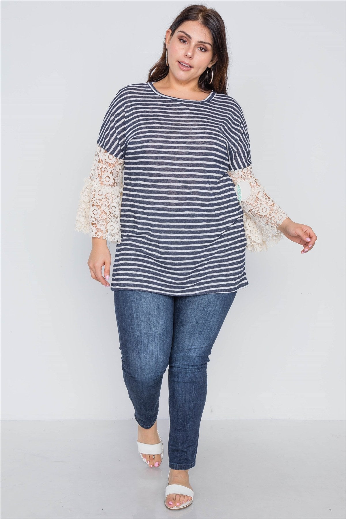 Plus Size Taupe Stripe Lace Sleeves Knit Top