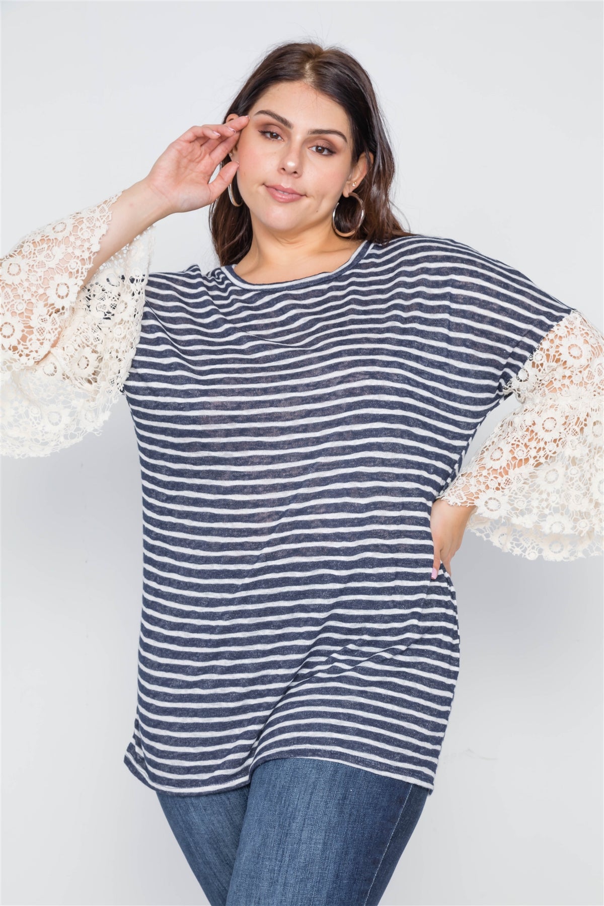 Plus Size Taupe Stripe Lace Sleeves Knit Top