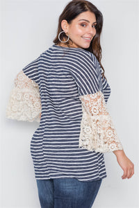 Plus Size Taupe Stripe Lace Sleeves Knit Top