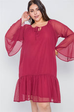 Load image into Gallery viewer, Plus Size Burgundy Bell Sleeves Shirred Dress
