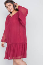 Load image into Gallery viewer, Plus Size Burgundy Bell Sleeves Shirred Dress
