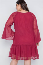 Load image into Gallery viewer, Plus Size Burgundy Bell Sleeves Shirred Dress
