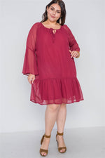 Load image into Gallery viewer, Plus Size Burgundy Bell Sleeves Shirred Dress
