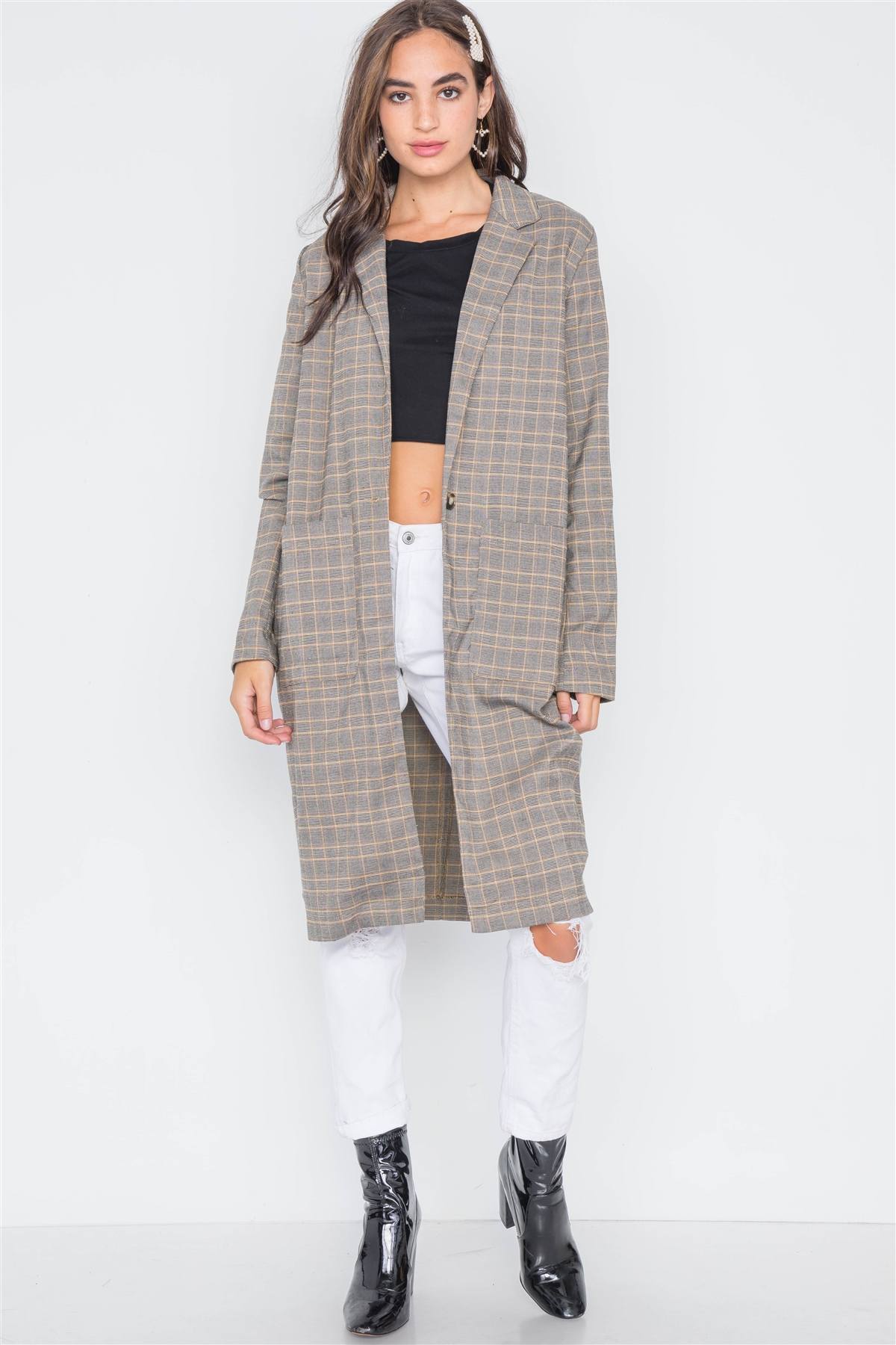 Plaid Single Button Long Sleeve Blazer