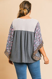 Sheer Floral Dolman Sleeve Waffle Knit Yoke Knit Top