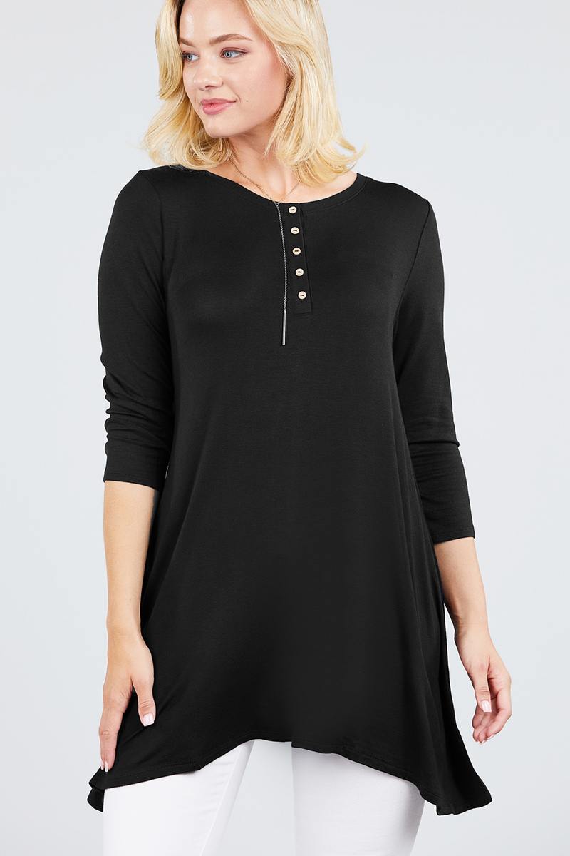 3/4 Sleeve Button Placket Rayon Spandex Top