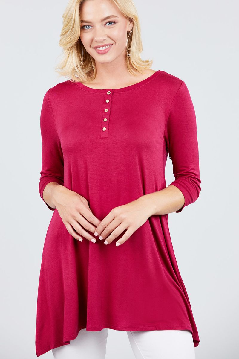 3/4 Sleeve Button Placket Rayon Spandex Top