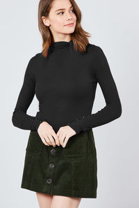 Long Sleeve Button Detail Mock Neck Rib Knit Top