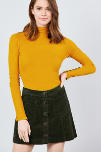 Long Sleeve Button Detail Mock Neck Rib Knit Top