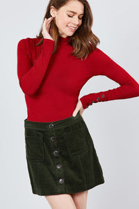 Long Sleeve Button Detail Mock Neck Rib Knit Top