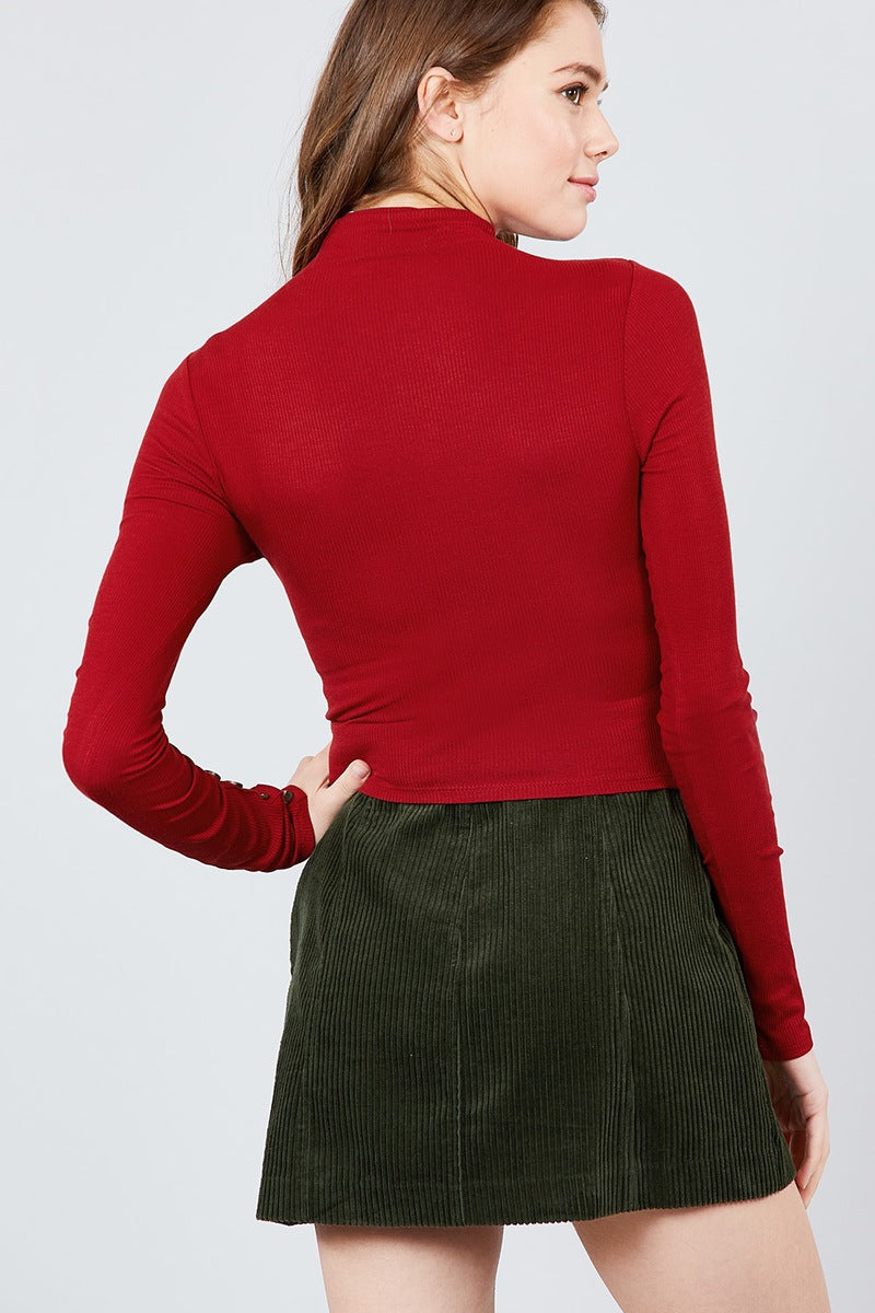 Long Sleeve Button Detail Mock Neck Rib Knit Top