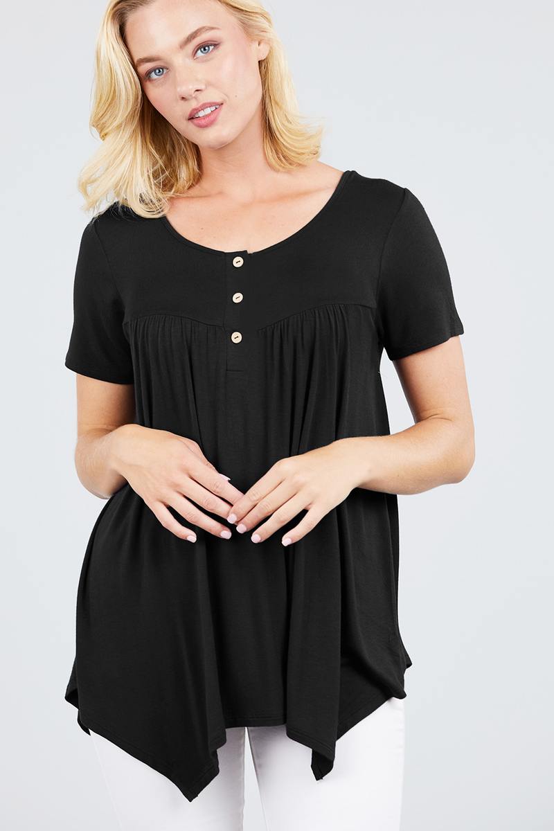 Short Sleeve Scoop Neck Button Rayon Spandex Top