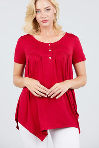 Short Sleeve Scoop Neck Button Rayon Spandex Top