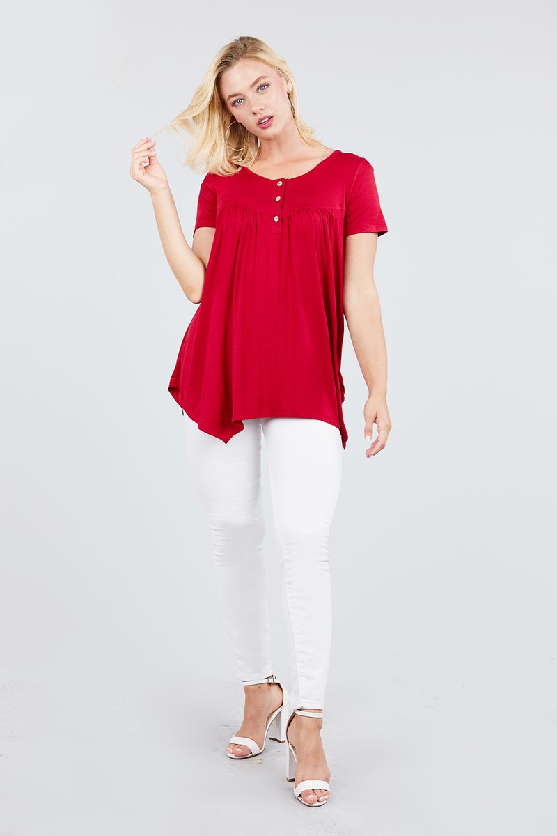 Short Sleeve Scoop Neck Button Rayon Spandex Top