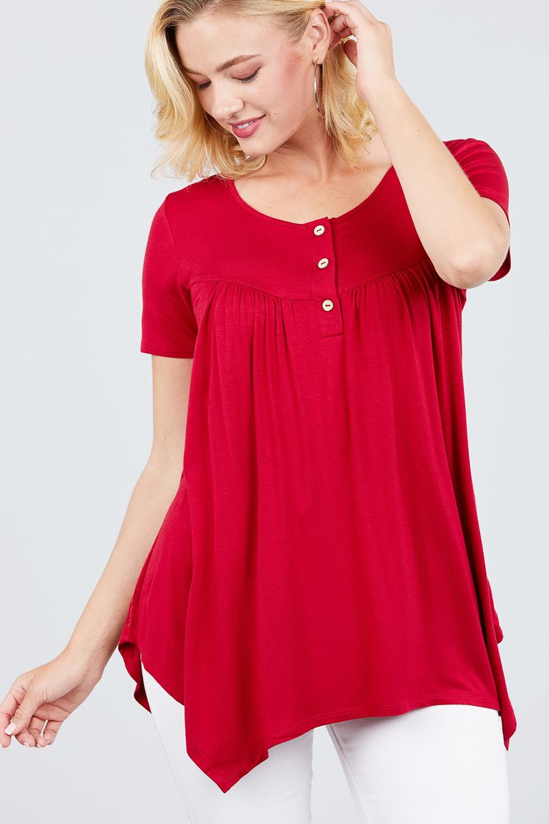 Short Sleeve Scoop Neck Button Rayon Spandex Top