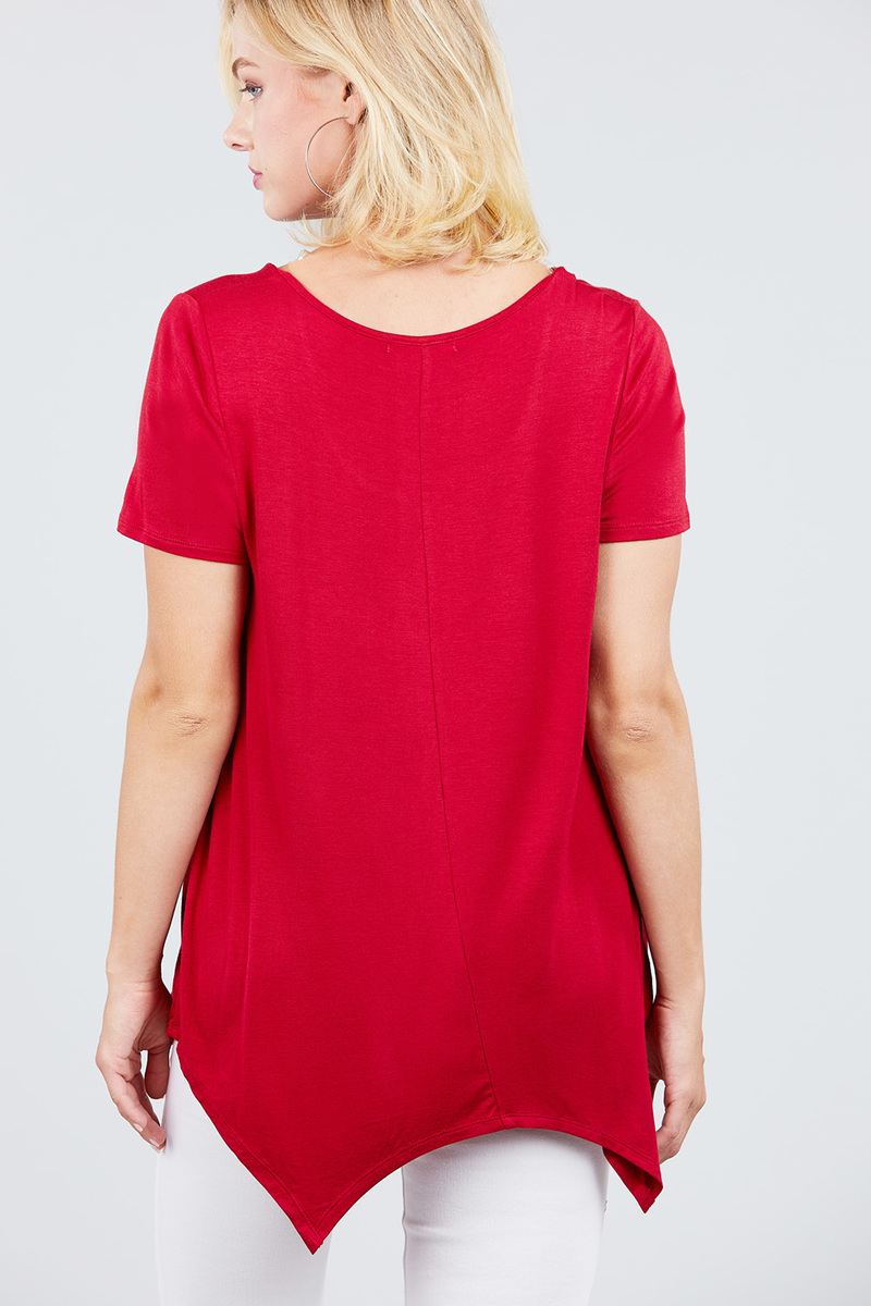 Short Sleeve Scoop Neck Button Rayon Spandex Top