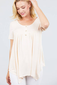 Short Sleeve Scoop Neck Button Rayon Spandex Top