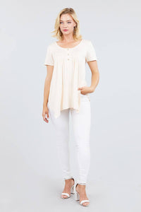 Short Sleeve Scoop Neck Button Rayon Spandex Top